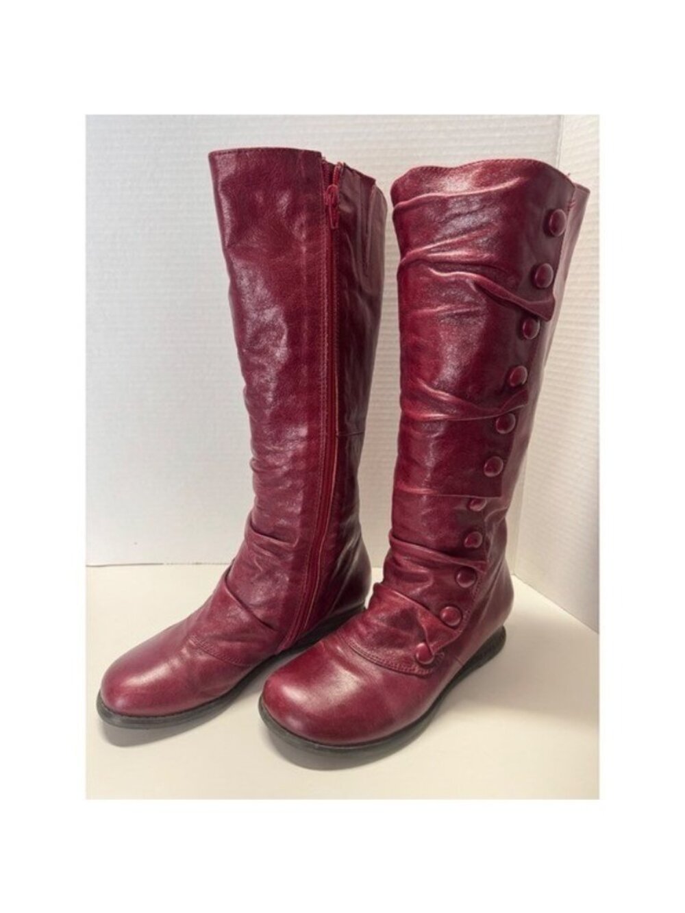 Miz Mooz Burgundy Red Leather Ruched Button Tall Boots Size 6 Low Wedge Zip